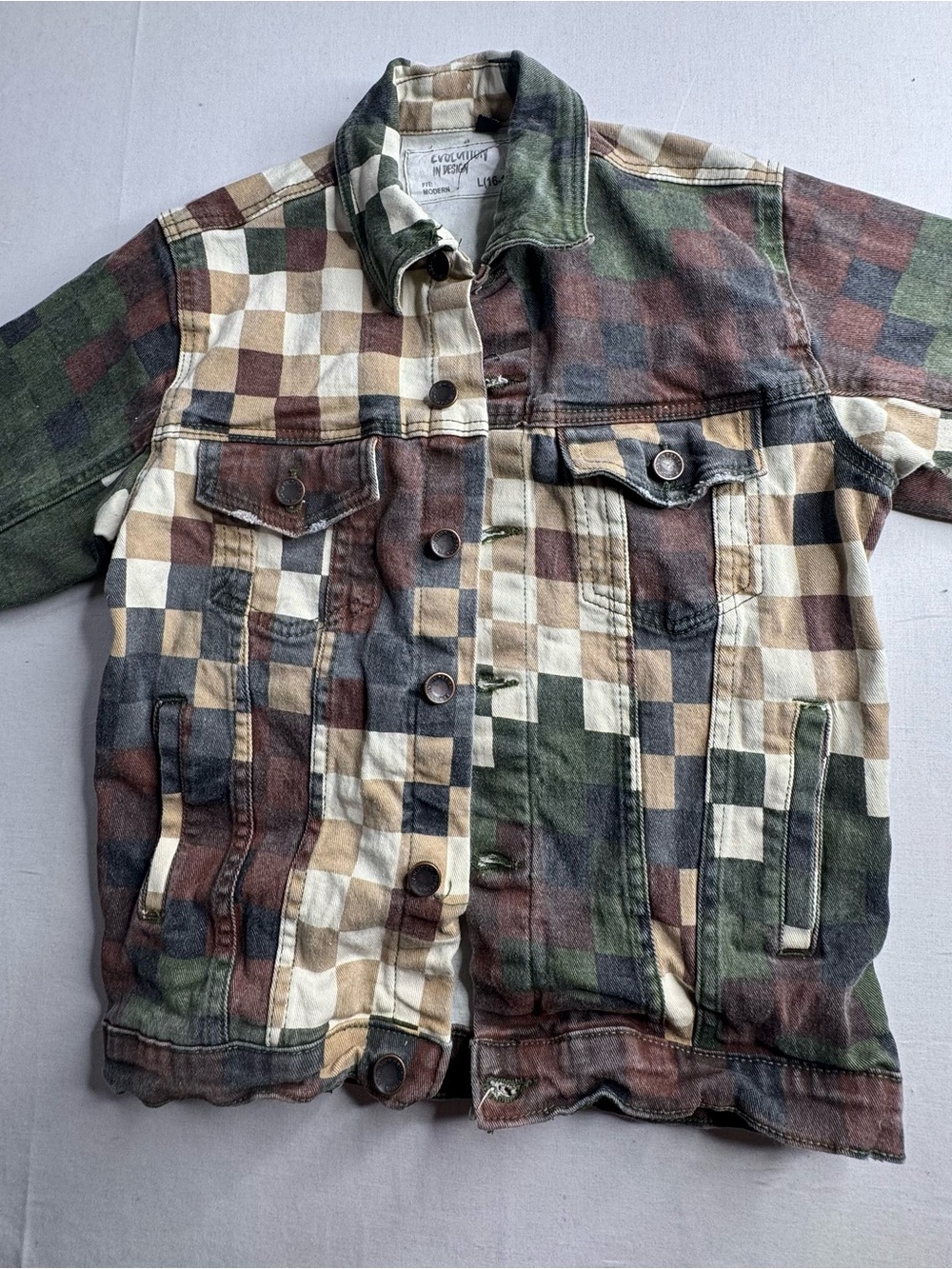 Kids Patchwork Checkered Jean Jacket - Multicolor Green/Brown
